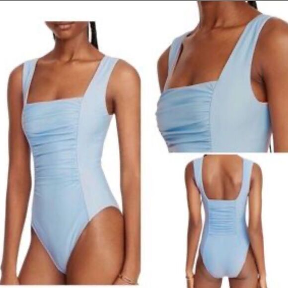 NWT J Crew Womens Swimsuit Ruched Squareneck One Piece Blue Mist BF17 - Picture 2 of 5